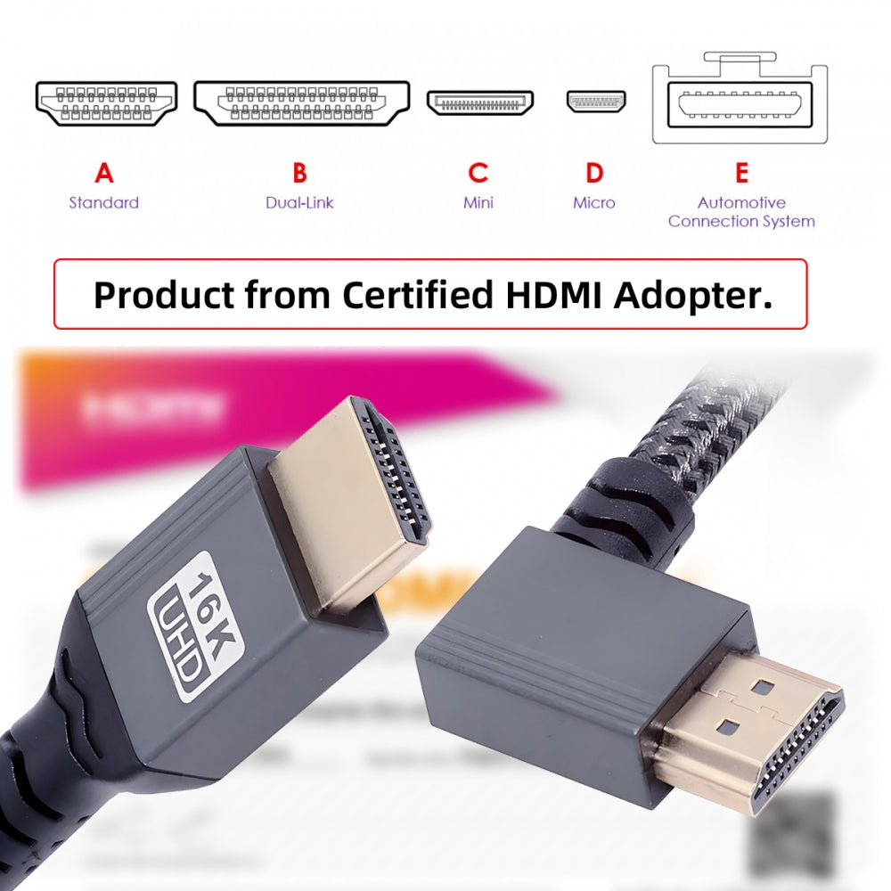 Right Angled 16K 8K UHD HDMI 2.2 Version Type-A Male to HDMI Male HDTV Cable 90 Degree for HDTV Desktop Laptop Monitor
