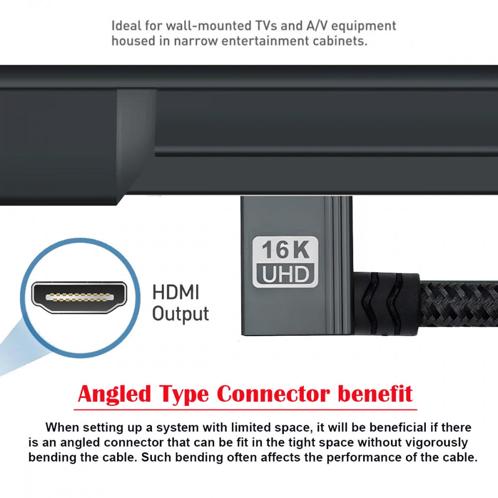 Right Angled 16K 8K UHD HDMI 2.2 Version Type-A Male to HDMI Male HDTV Cable 90 Degree for HDTV Desktop Laptop Monitor