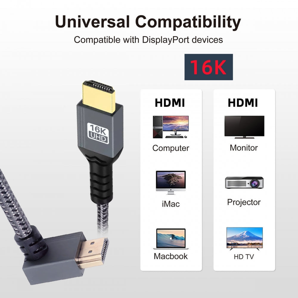 Down Angled 16K 8K UHD HDMI 2.2 Version Type-A Male to HDMI Male HDTV Cable 90 Degree for HDTV Desktop Laptop Monitor