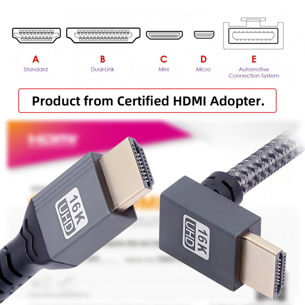 Down Angled 16K 8K UHD HDMI 2.2 Version Type-A Male to HDMI Male HDTV Cable 90 Degree for HDTV Desktop Laptop Monitor