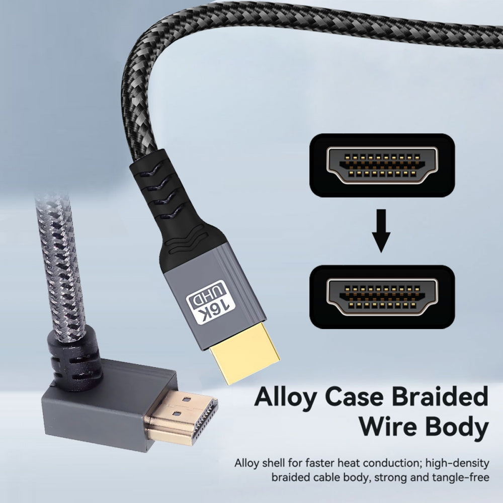 Down Angled 16K 8K UHD HDMI 2.2 Version Type-A Male to HDMI Male HDTV Cable 90 Degree for HDTV Desktop Laptop Monitor