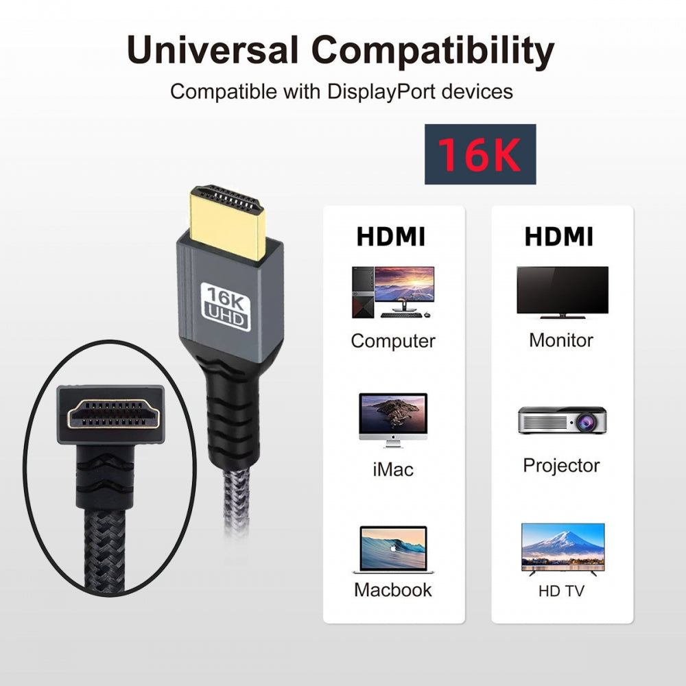 Up Angled 16K 8K UHD HDMI 2.2 Version Type-A Male to HDMI Male HDTV Cable 90 Degree for HDTV Desktop Laptop Monitor