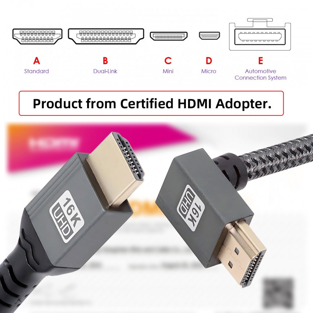 Up Angled 16K 8K UHD HDMI 2.2 Version Type-A Male to HDMI Male HDTV Cable 90 Degree for HDTV Desktop Laptop Monitor