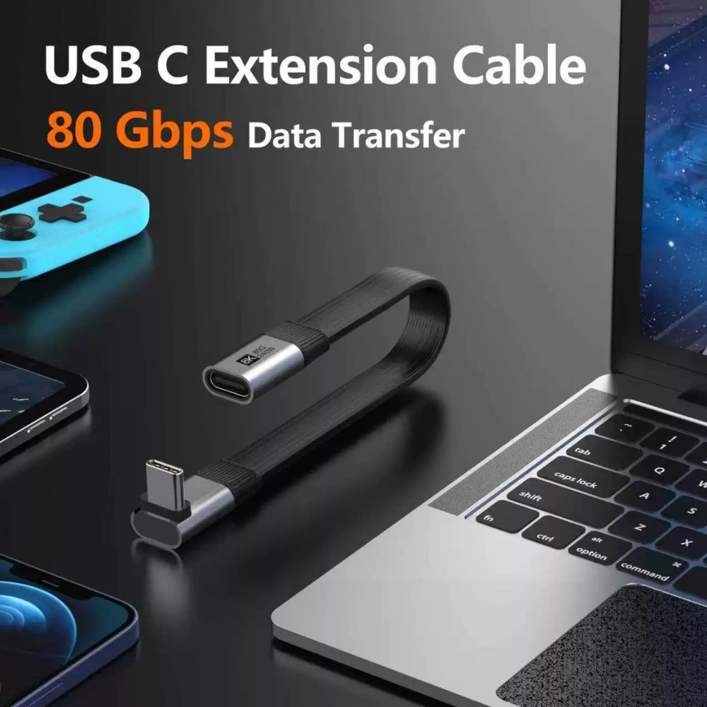 20cm USB5.0 80Gbps Flat Slim FPC Male to Female Extension Cable Up Angled 90 Degree 240W 16K 8K 60Hz 5K Compatible with 40Gbps USB4.0 Thunderbolt3/4/5