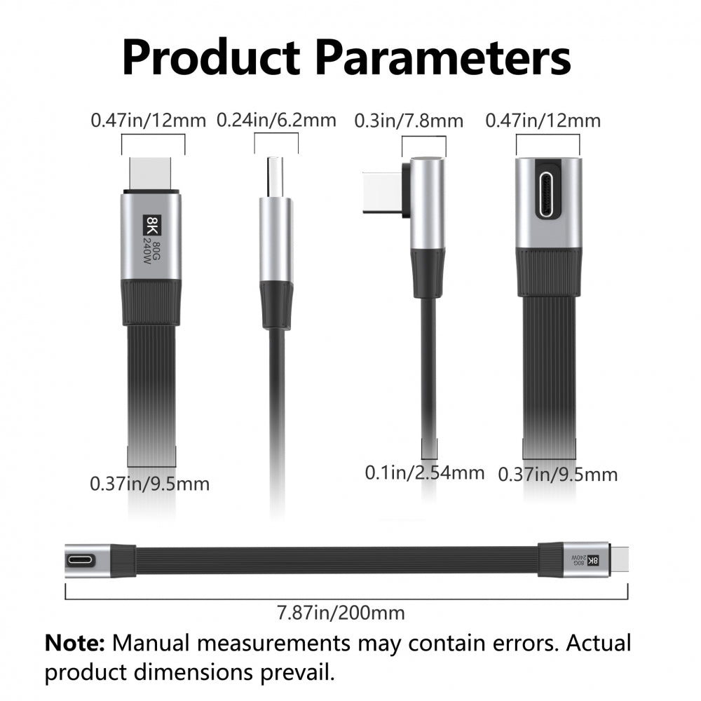 20cm USB5.0 80Gbps Flat Slim FPC Male to Male Extension Cable Low Profile Angled 90 Degree 240W 16K 8K 60Hz 5K Compatible with 40Gbps USB4.0 Thunderbolt3/4/5