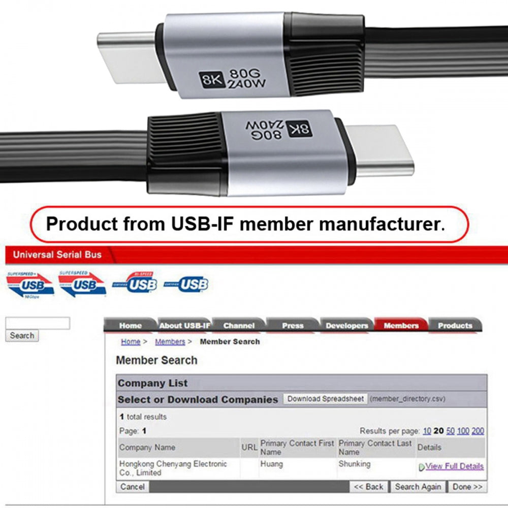 20cm USB5.0 80Gbps Flat Slim FPC Male to Male Extension Cable 240W 16K 8K 60Hz 5K Compatible with 40Gbps USB4.0 Thunderbolt3/4/5