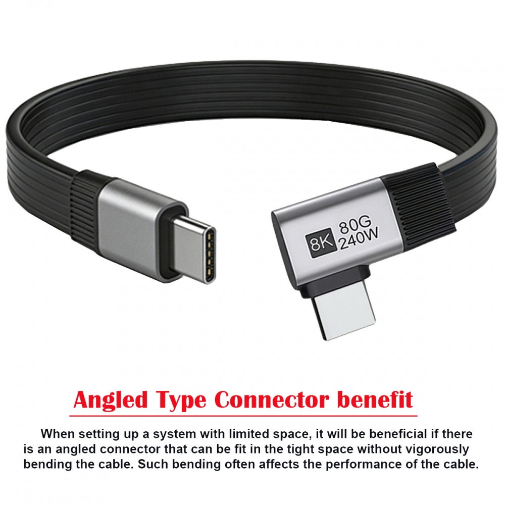 20cm USB5.0 80Gbps Flat Slim FPC Male to Male Extension Cable Right Angled 90 Degree 240W 16K 8K 60Hz 5K Compatible with 40Gbps USB4.0 Thunderbolt3/4/5