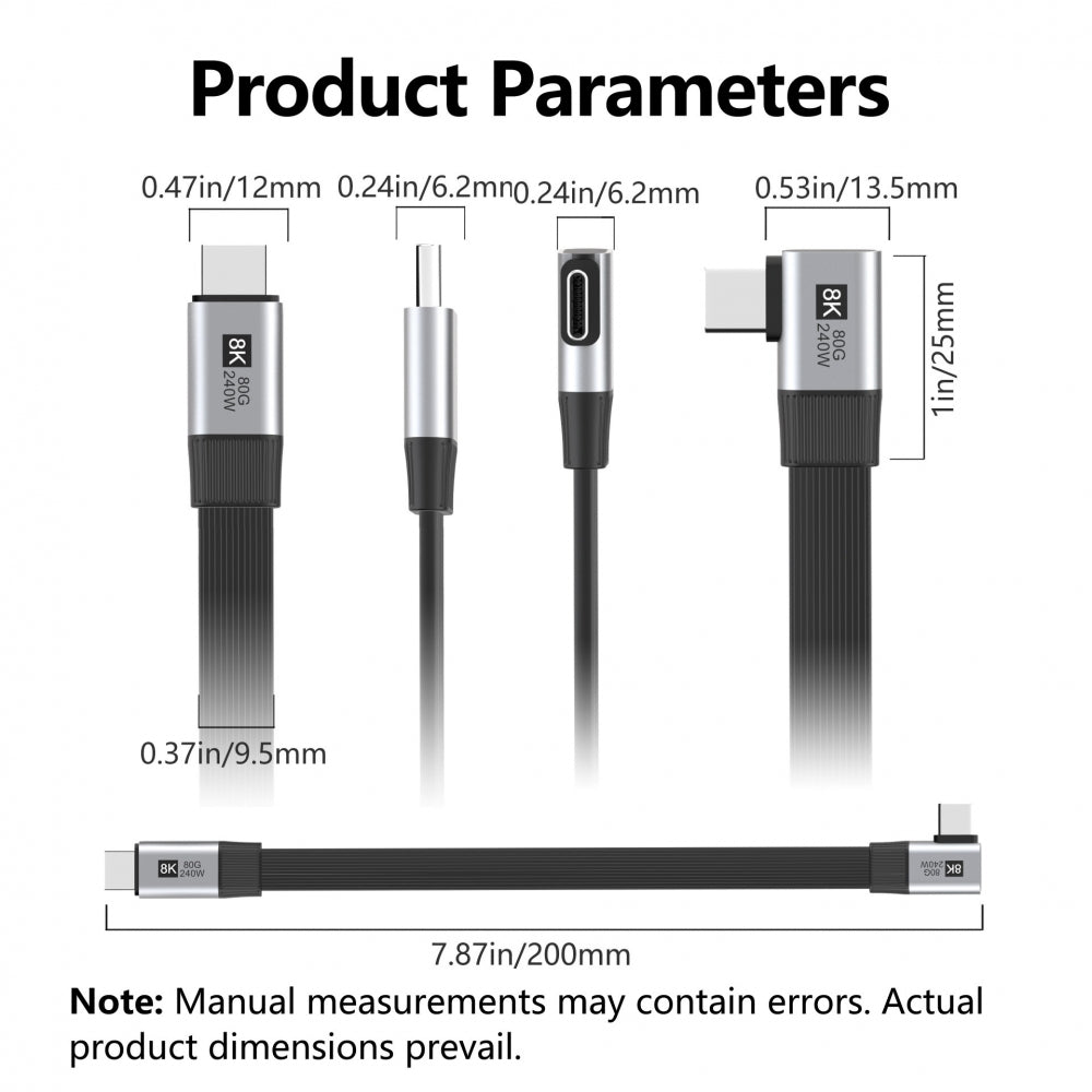 20cm USB5.0 80Gbps Flat Slim FPC Male to Male Extension Cable Right Angled 90 Degree 240W 16K 8K 60Hz 5K Compatible with 40Gbps USB4.0 Thunderbolt3/4/5
