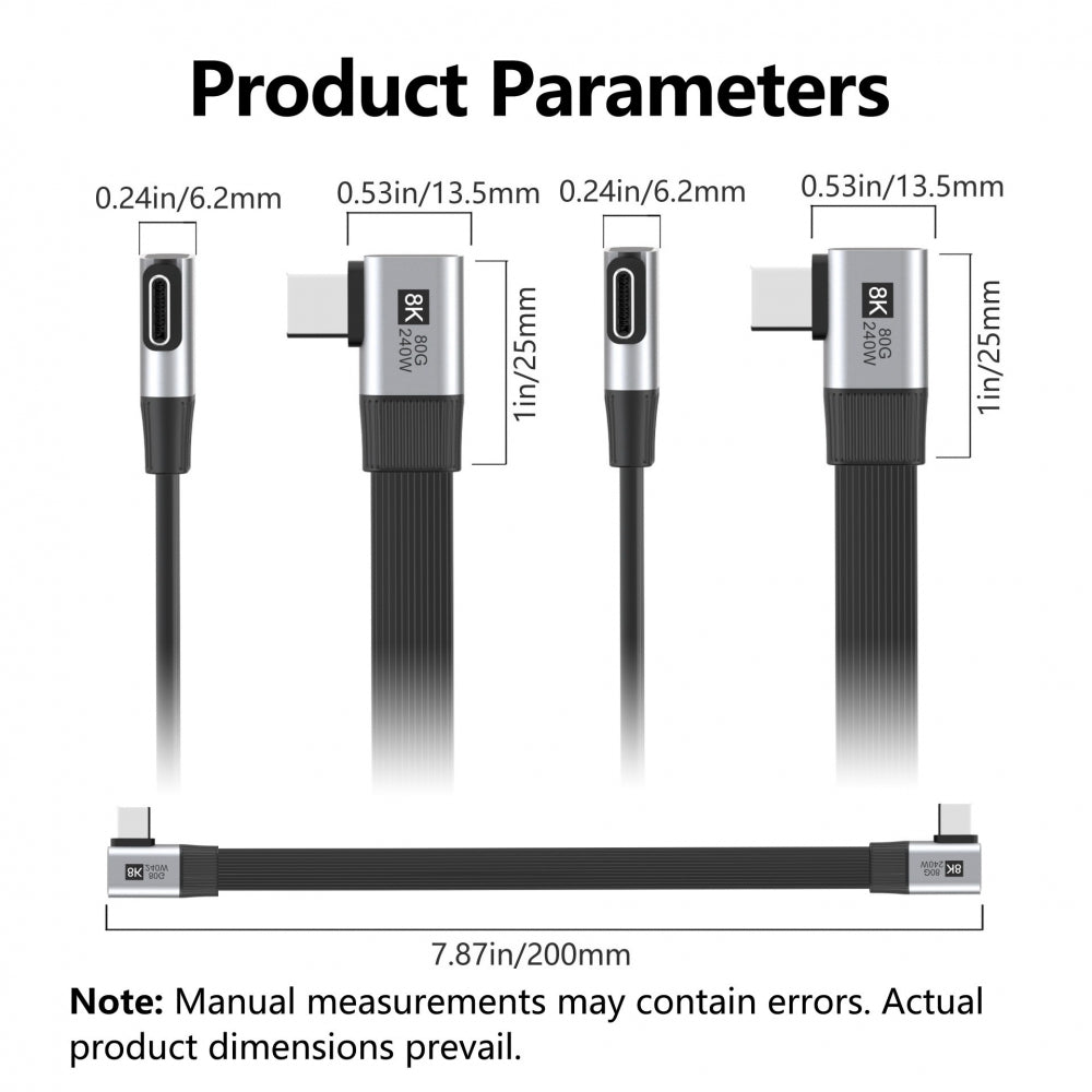 20cm USB5.0 80Gbps Flat Slim FPC Male to Male Extension Cable Dual Right Angled 90 Degree 240W 16K 8K 60Hz 5K Compatible with 40Gbps USB4.0 Thunderbolt3/4/5