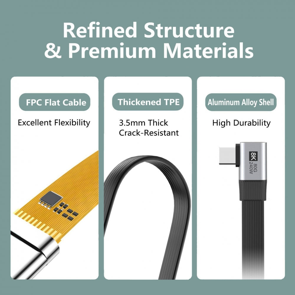 20cm USB5.0 80Gbps Flat Slim FPC Male to Male Extension Cable Dual Right Angled 90 Degree 240W 16K 8K 60Hz 5K Compatible with 40Gbps USB4.0 Thunderbolt3/4/5
