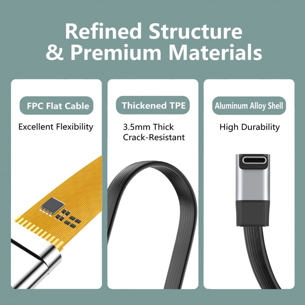 20cm USB5.0 80Gbps Flat Slim FPC Male to Male Extension Cable Up Angled to Right Angled 90 Degree 240W 16K 8K 60Hz 5K Compatible with 40Gbps USB4.0 Thunderbolt3/4/5
