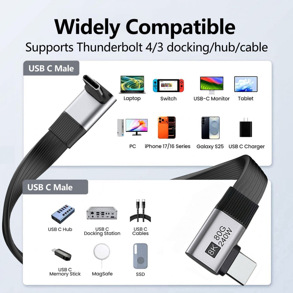 20cm USB5.0 80Gbps Flat Slim FPC Male to Male Extension Cable Up Angled to Right Angled 90 Degree 240W 16K 8K 60Hz 5K Compatible with 40Gbps USB4.0 Thunderbolt3/4/5