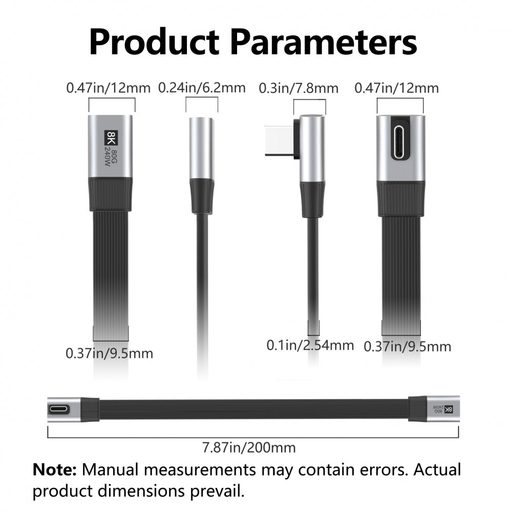 20cm USB5.0 80Gbps Flat Slim FPC Male to Female Extension Cable Low Profile Angled 90 Degree 240W 16K 8K 60Hz 5K Compatible with 40Gbps USB4.0 Thunderbolt3/4/5