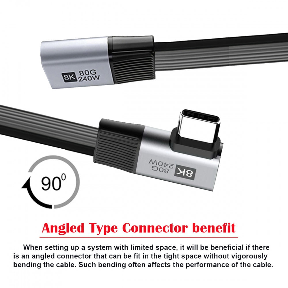 20cm USB5.0 80Gbps Flat Slim FPC Male to Female Extension Cable Right Angled 90 Degree 240W 16K 8K 60Hz 5K Compatible with 40Gbps USB4.0 Thunderbolt3/4/5