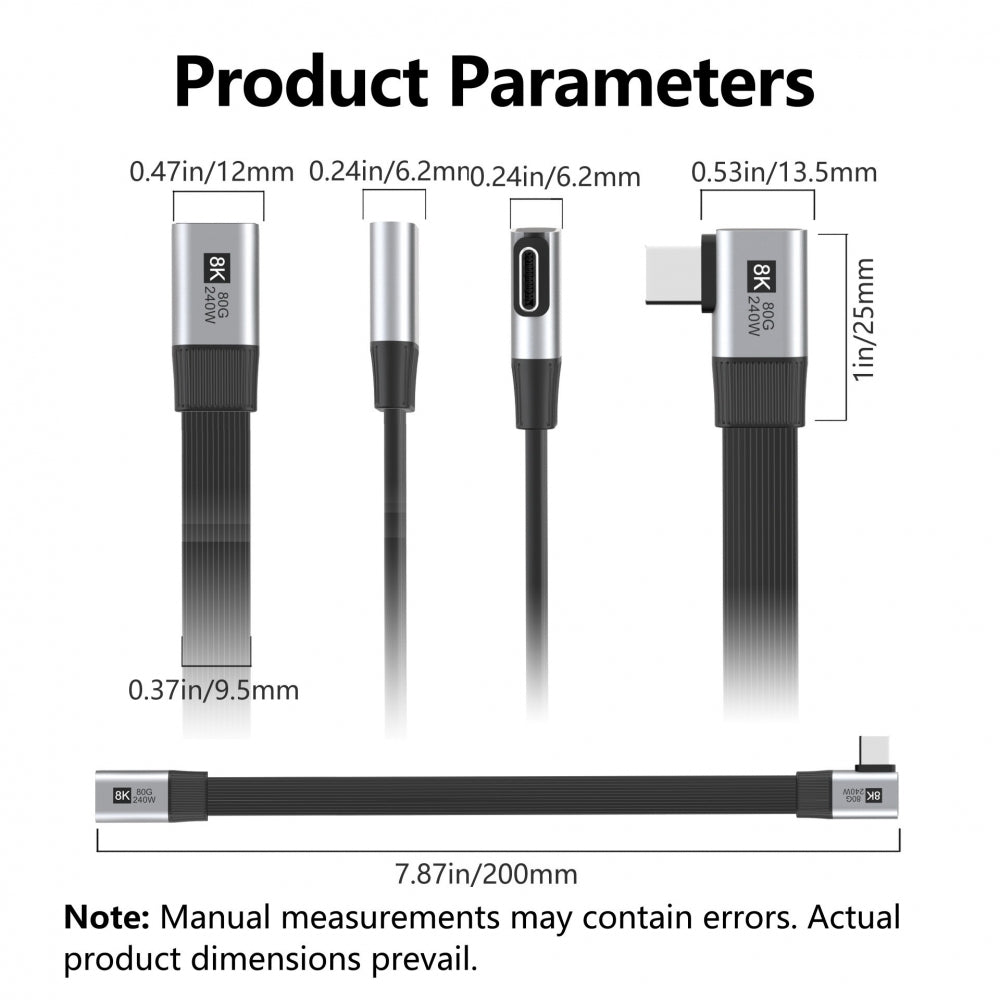 20cm USB5.0 80Gbps Flat Slim FPC Male to Female Extension Cable Right Angled 90 Degree 240W 16K 8K 60Hz 5K Compatible with 40Gbps USB4.0 Thunderbolt3/4/5