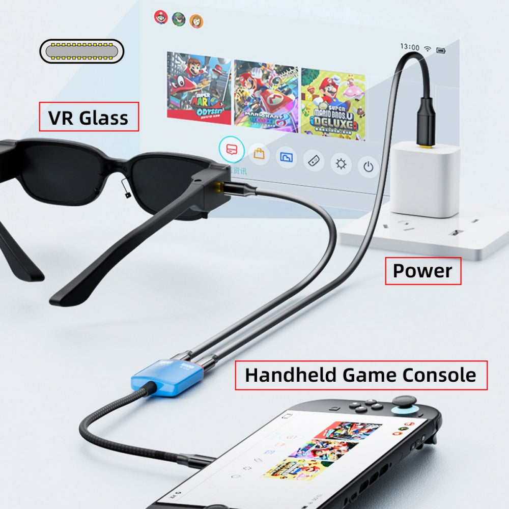 USB-C Type-C 1-to-2 VR AR Glass OTG 8K Video USB-C Female 100W PD Power Cable for NS Handheld Console Laptop Tablet Phone