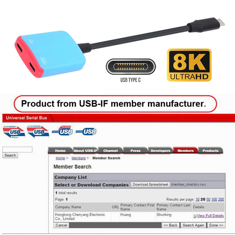 USB-C Type-C 1-to-2 VR AR Glass OTG 8K Video USB-C Female 100W PD Power Cable for NS Handheld Console Laptop Tablet Phone