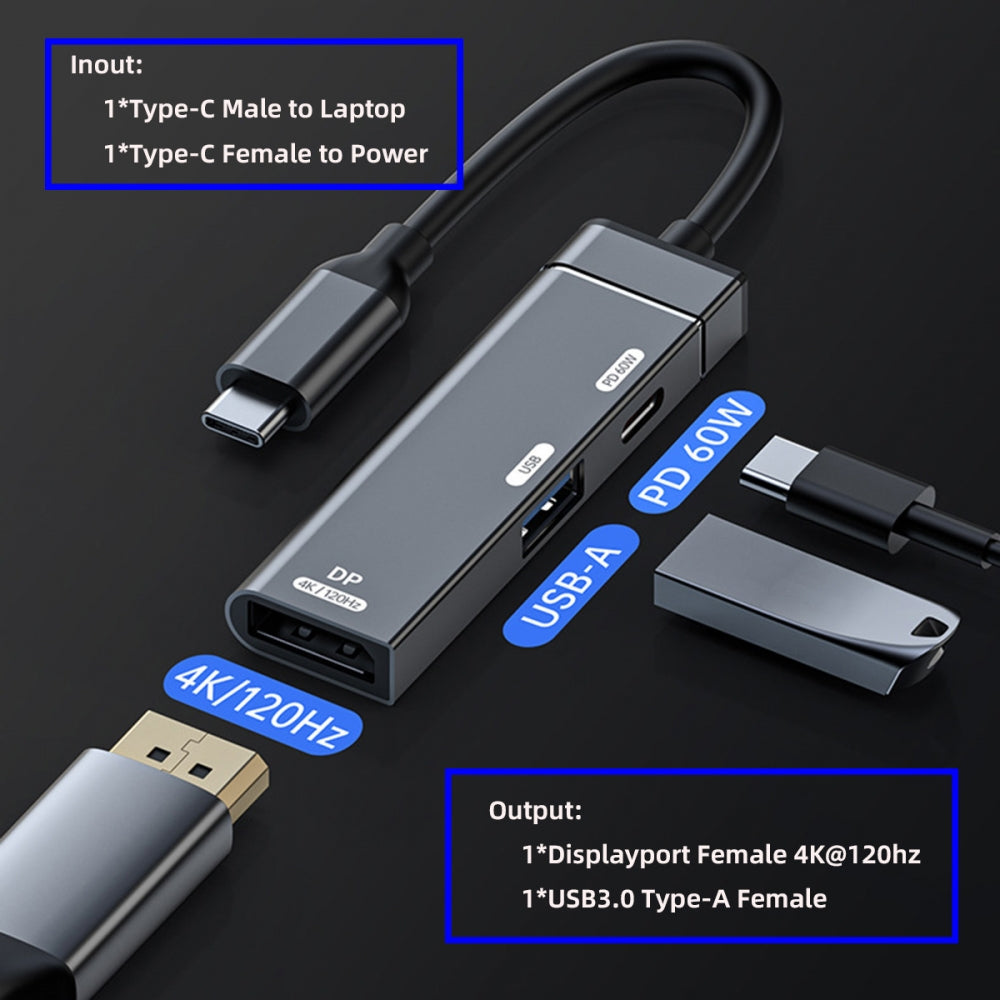 USB-C Type-C to DP Displayport 4K@120hz USB 3.0 OTG Converter Monitor Multiport Adapter with Female PD 60W Power Port