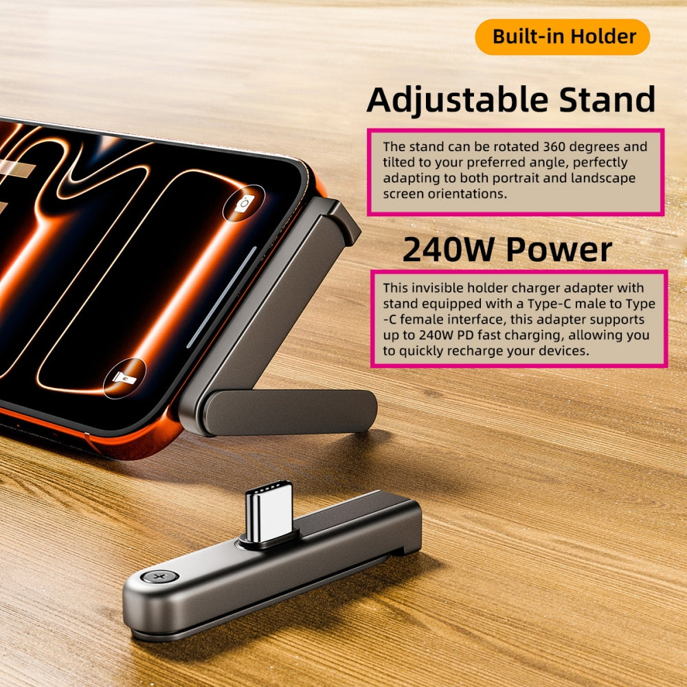 240W Type-C Fast Charging Adapter with Built-in Phone Stand Single Holder Durable Charger Bracket USB-C Male to Female Foldable
