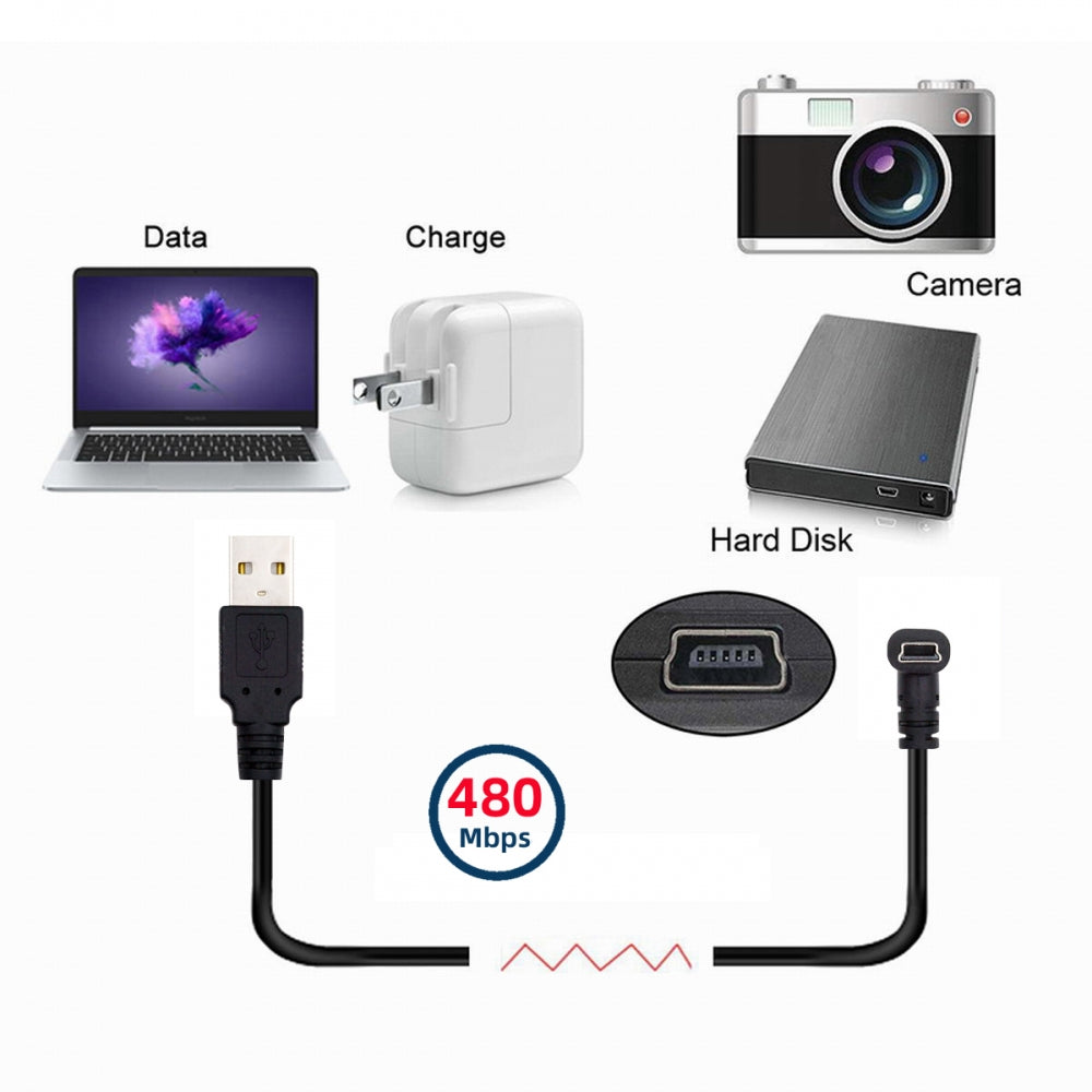 Mini USB2.0 Type-B 5Pin Male Up Angled 90 Degree Connector to USB 2.0 Type-A Male Power Data Cable for Camera GPS MP3 MP4 (150cm)
