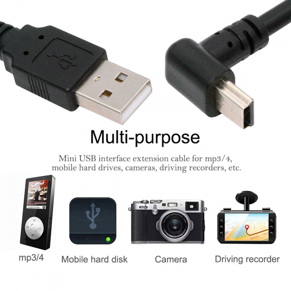 Mini USB2.0 Type-B 5Pin Male Up Angled 90 Degree Connector to USB 2.0 Type-A Male Power Data Cable for Camera GPS MP3 MP4 (150cm)