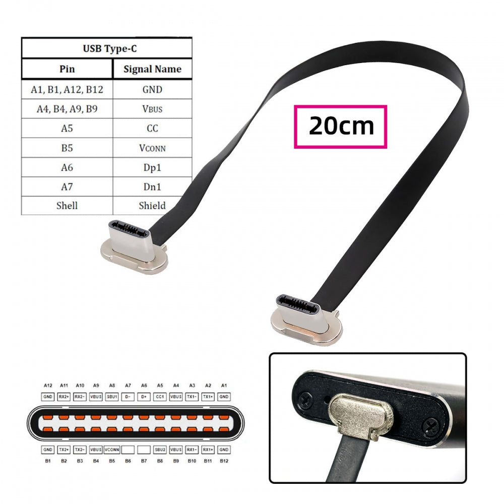 20cm Dual Angled Ultra Slim Flat USB-C Type C to USB-C Power USB2.0 Data Cable 65W Fast Charge for Laptop Tablet Phone