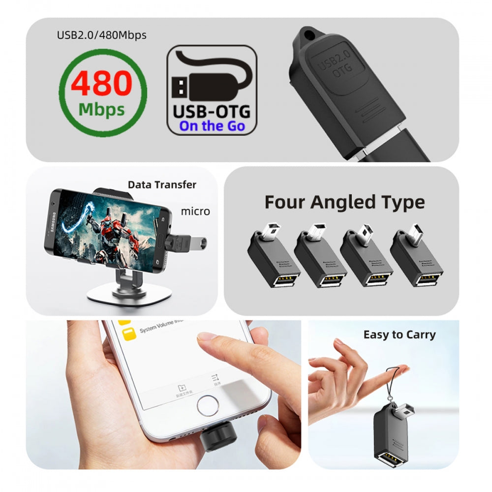 4pcs/lot Mini USB 2.0 Type-B Male to OTG USB2.0 Type-A Female Adapter On-the-Go 90 Degree Angled for Phone Tablet Disk Keyboard Data