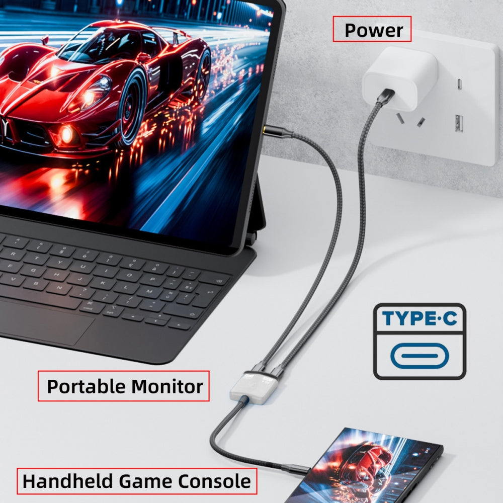 White USB-C Type-C 1-to-2 VR AR Glass OTG 8K Video USB-C Female 100W PD Power Cable for NS Handheld Console Laptop Tablet Phone