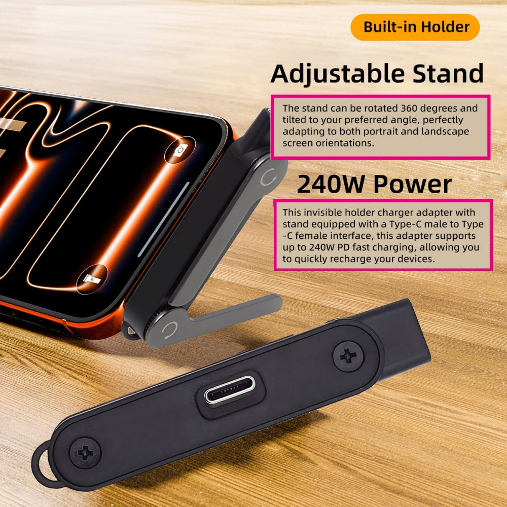 240W Type-C Fast Charging Adapter with Built-in Phone Stand Dual Holder Durable Charger Bracket USB-C Male to Female Foldable