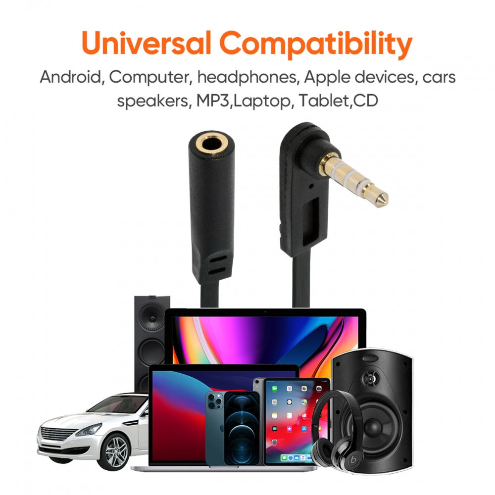 Ultra Slim Flat AUX 3.5mm 4 Poles Audio Stereo Male to Female Extension Speaker Cable 90 Degree Right Angled 15cm