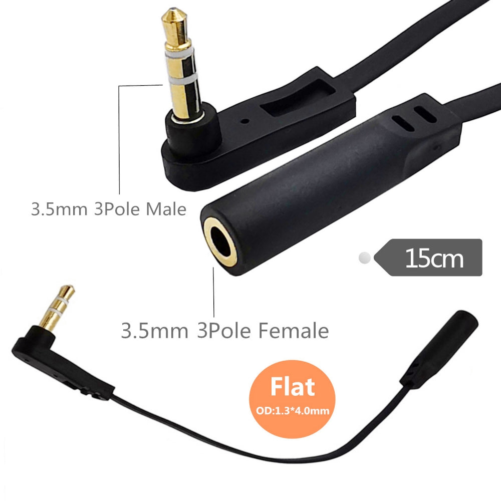 Ultra Slim Flat AUX 3.5mm 3-Poles Audio Stereo Male to Female Extension Speaker Cable 90 Degree Right Angled 15cm