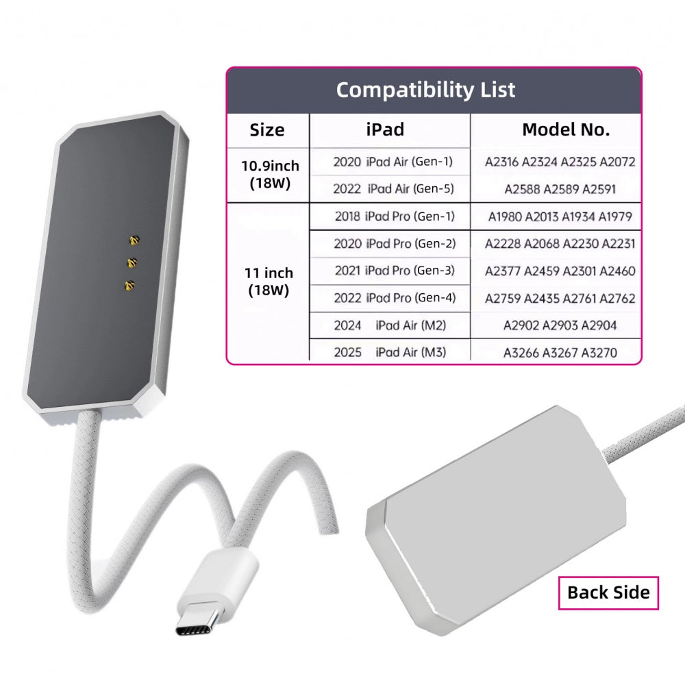 USB-C to Magnetic Charge Cable Compatible with iPad Air 10.9" & 11" (M2 M3 2020-2025) Pro 11" (2018-2022) 18W Fast Charging Smart Connector Alloy Charging 2-Meters