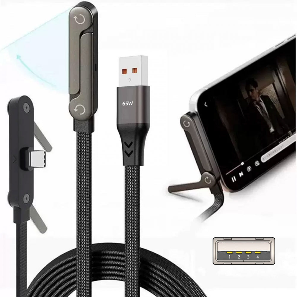 65W Type-A Fast Charging Cable Type-C with Built-in Phone Stand Dual Holder Durable Charger Bracket USB-C Male to USB-A Male Foldable