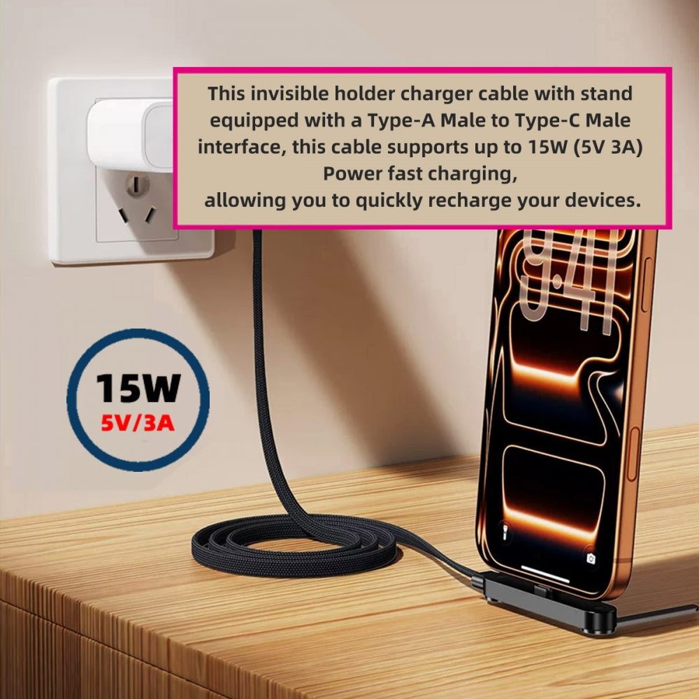 65W Type-A Fast Charging Cable Type-C with Built-in Phone Stand Dual Holder Durable Charger Bracket USB-C Male to USB-A Male Foldable