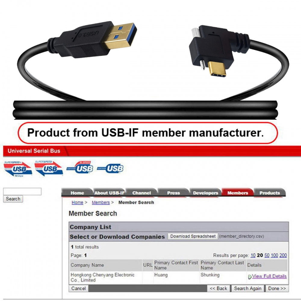 Left Right Angled USB 3.1 Type-C Male Single Screw Locking to USB3.0 Type-A Male Data Power Cable 90 Degree for Camera