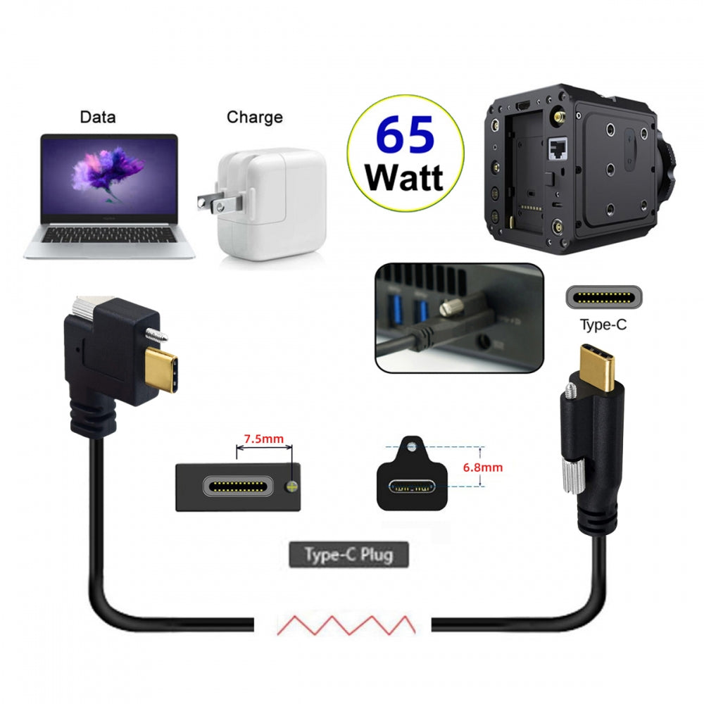 USB 3.1 Type-C Male Single Screw to Single Thumbscrew Locking USB-C Horizontal 90 Degree Left Right Angled 10Gbps Data Cable Panel Mount Type