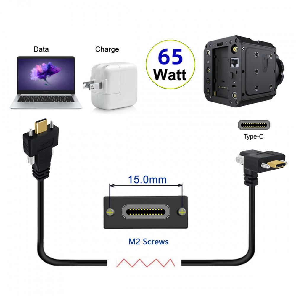 USB 3.1 Type-C Male Dual Screw to Dual Thumbscrew Locking USB-C Up Down Angled 90 Degree 10Gbps Data Cable Panel Mount Type