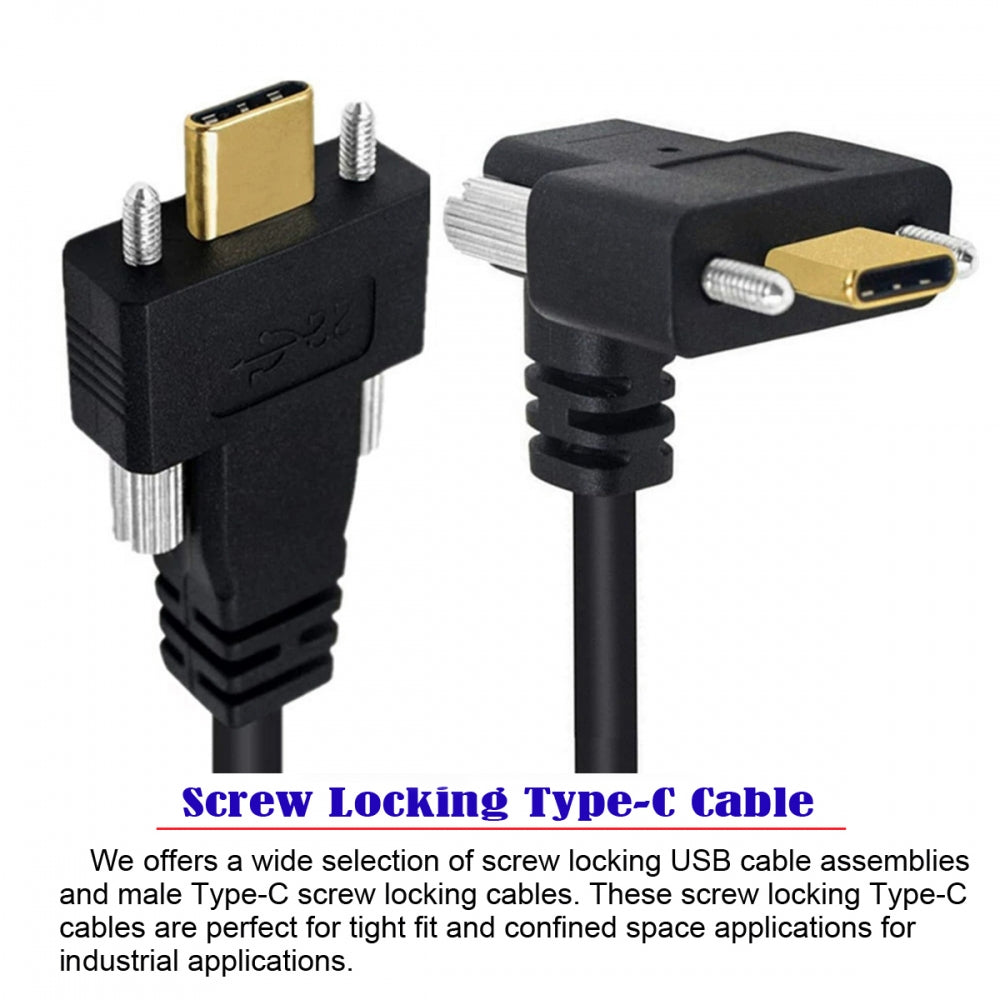 USB 3.1 Type-C Male Dual Screw to Dual Thumbscrew Locking USB-C Up Down Angled 90 Degree 10Gbps Data Cable Panel Mount Type