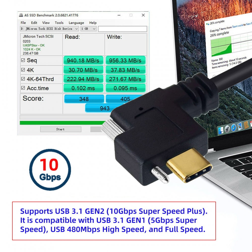 USB 3.1 Type-C Male Dual Screw to Single Thumbscrew Locking USB-C Horizontal 90 Degree Left Right Angled 10Gbps Data Cable Panel Mount Type
