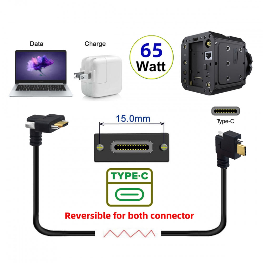 USB 3.1 Type-C Male Single Screw Angled to Dual Thumbscrew Locking USB-C Up Down Angled 90 Degree 10Gbps Data Cable Panel Mount Type
