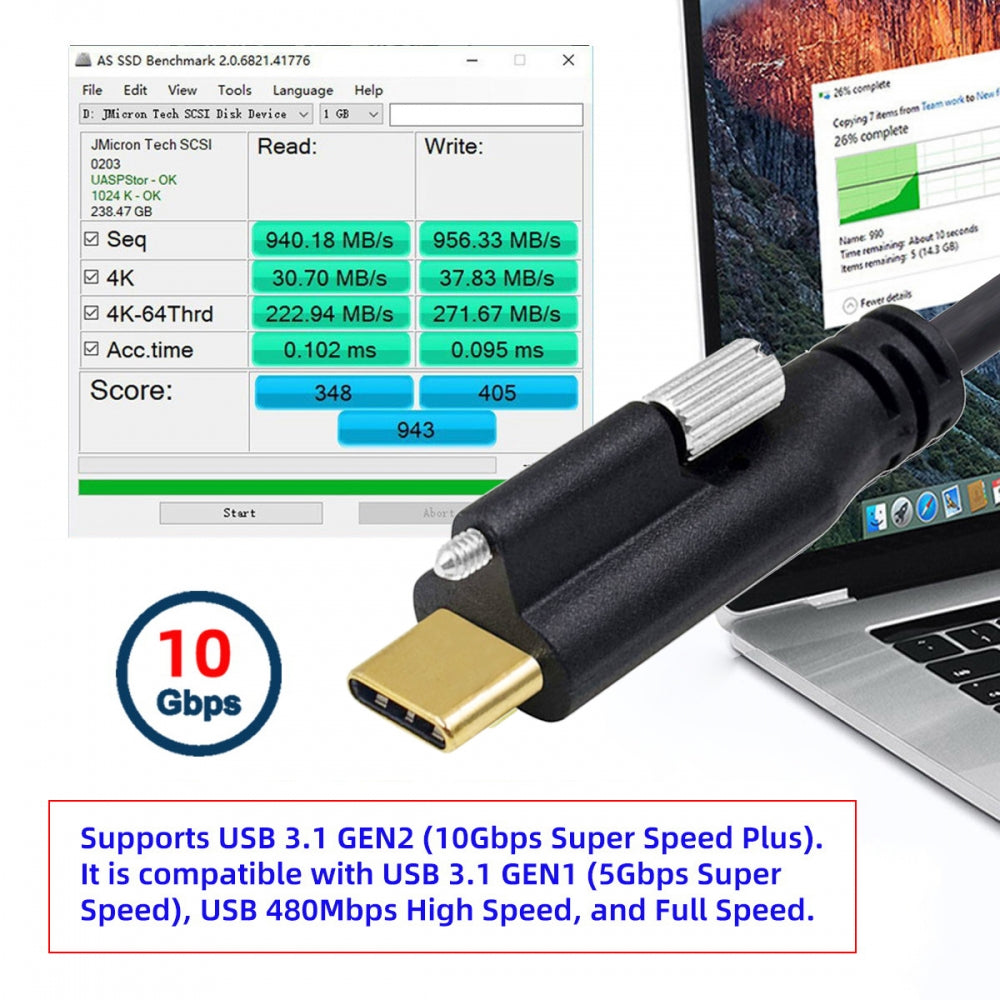 USB 3.1 Type-C Male Single Screw to Dual Thumbscrew USB-C 10Gbps Data Cable Straight Panel Mount Type