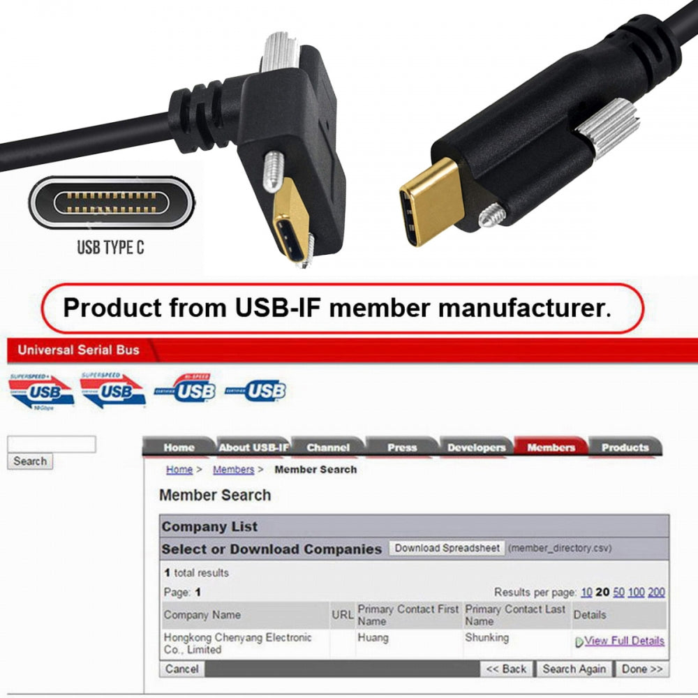 USB 3.1 Type-C Male Single Screw to Dual Thumbscrew Locking USB-C Up Down Angled 90 Degree 10Gbps Data Cable Panel Mount Type