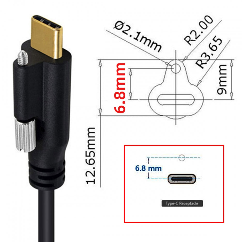USB 3.1 Type-C Male Single Screw to Dual Thumbscrew Locking USB-C Up Down Angled 90 Degree 10Gbps Data Cable Panel Mount Type