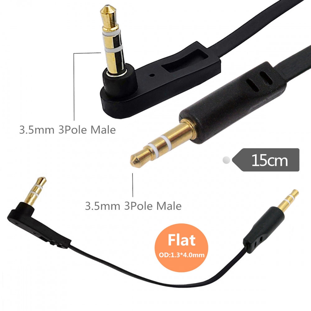 Ultra Slim Flat AUX 3.5mm 3-Poles Audio Stereo Male to Male Extension Speaker Cable 90 Degree Right Angled 15cm