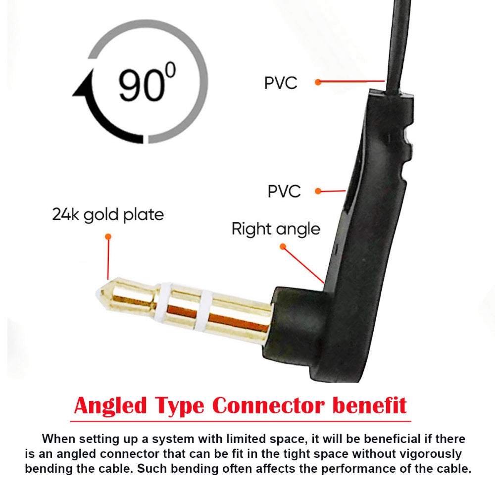 Ultra Slim Flat AUX 3.5mm 3-Poles Audio Stereo Male to Male Extension Speaker Cable 90 Degree Right Angled 15cm