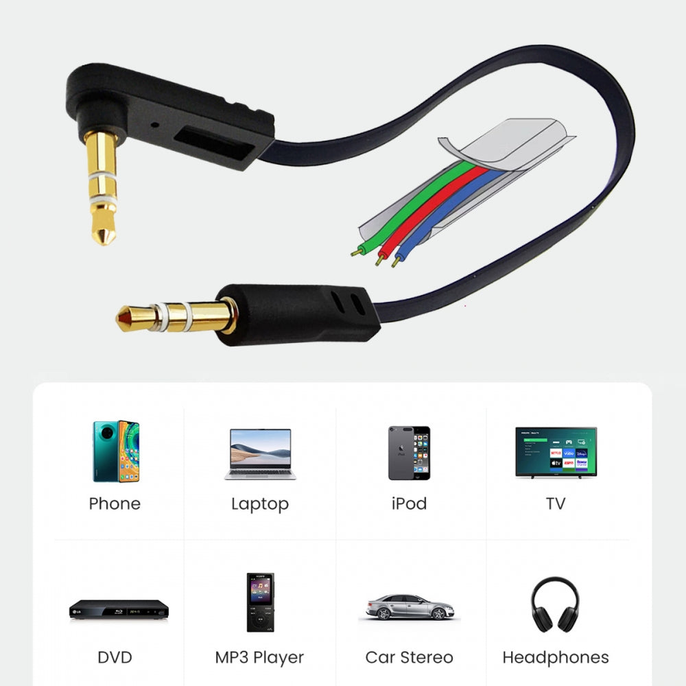 Ultra Slim Flat AUX 3.5mm 3-Poles Audio Stereo Male to Male Extension Speaker Cable 90 Degree Right Angled 15cm