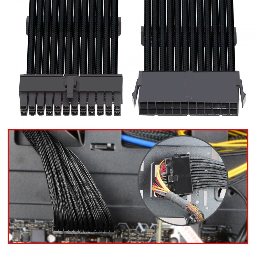ATX3.0 24Pin Male to ATX 24pin Female Extension Power Cable Cord 30cm with Sleeve for Mainboard Motherboard Desktops PC Supply