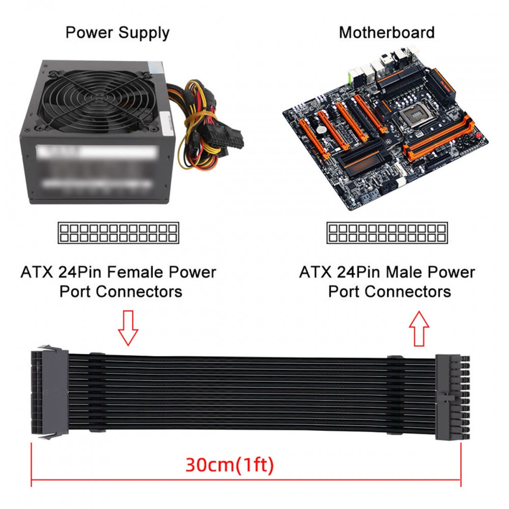 ATX3.0 24Pin Male to ATX 24pin Female Extension Power Cable Cord 30cm with Sleeve for Mainboard Motherboard Desktops PC Supply