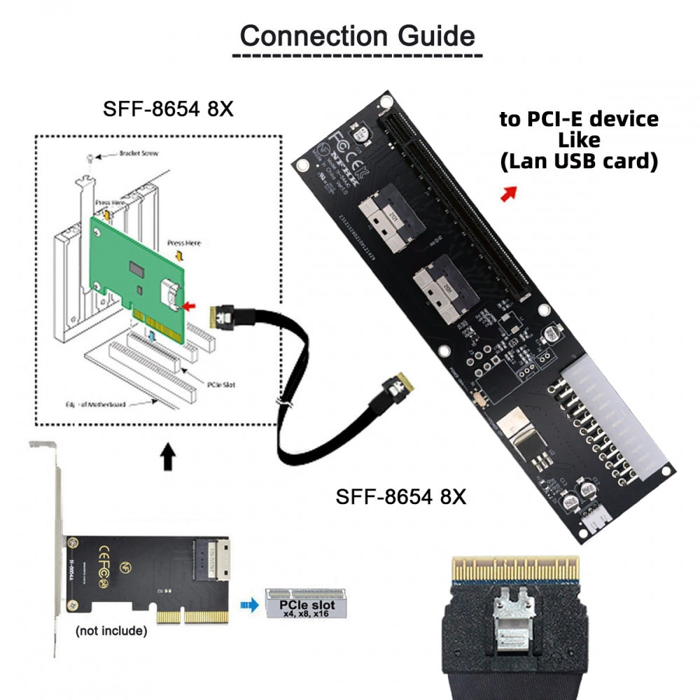 Dual Slimline 8X SFF-8654 74Pin VROC to PCIE PCI-Express 16x Adapter with ATX 24Pin Power Switch Port for Mainboard Graphics Card