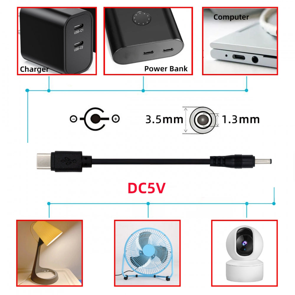 Type C USB-C Input with 5.1K Resistor to 5V DC 3.5*1.3mm Output Power Charge Cable 100cm for DC5V Desk Lamp Fan Camera